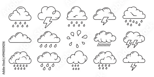 Cloud icons with rain and lightning, weather symbols for storm and precipitation, simple graphics