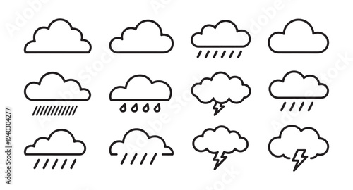 Weather icons set vector line style clouds rain and lightning outline symbols for forecast application