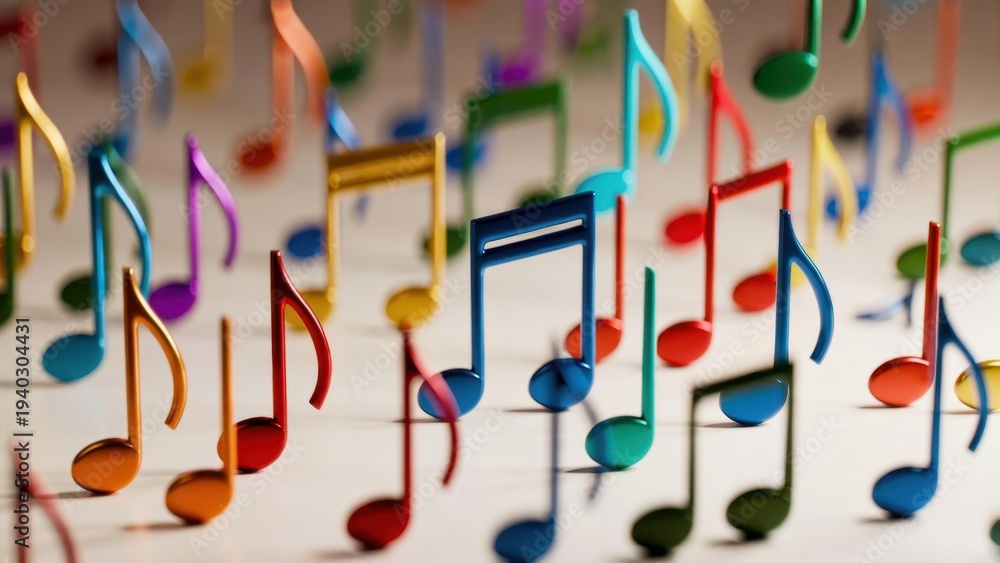 Fototapeta premium Assorted rainbow music notes standing on neutral studio surface.