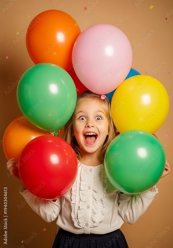 Obraz premium Excited child with colorful balloons girl happy