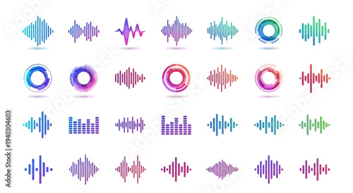 Comprehensive collection of gradient audio waveform and equalizer icons in a bright studio.