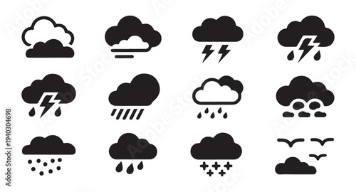 Set of weather icons depicting clouds rain lightning snow birds and stormy weather conditions with clear backgrounds