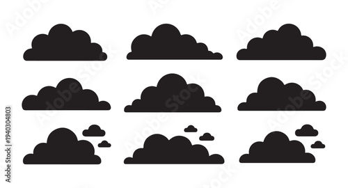 Various cloud silhouettes and shapes isolated on white background in flat design style for graphic use
