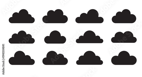 Set of various cloud icons, simple flat design vector illustration of weather symbols in black color