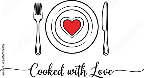 Cooked with love plate fork knife and heart icon minimal flat vector illustration for restaurant menu kitchen and culinary design