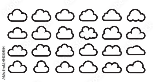 Group of cloud outline icons in a grid formation, simple and clean design, black borders on white backdrop.
