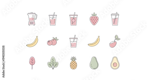 Healthy Fruits and Smoothie Drinks Outline Icons Collection on Isolated White Background