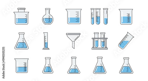 Collection of laboratory glassware icons, including beakers, flasks, test tubes, and funnels, symbolizing chemistry and scientific research, on an isolated white background