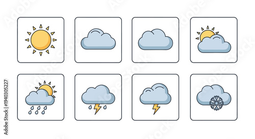 Modern square-shaped weather icons depicting sun, clouds, rain, thunderstorms, and snow, for climate forecasting on an isolated white background