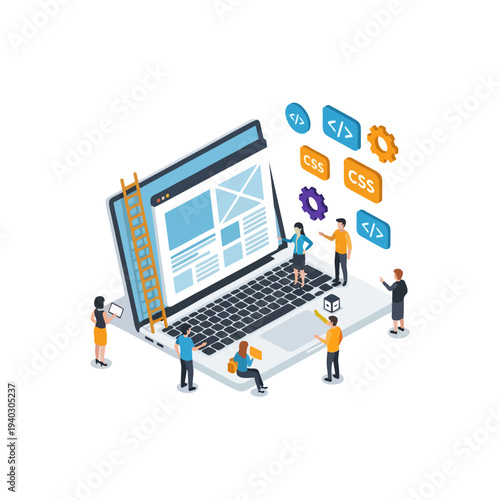 Web Development Team Collaborating on Laptop with Coding Elements.