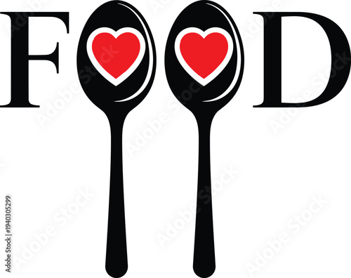 Food typography logo with spoons and heart icons minimal flat vector illustration for restaurant branding love cooking and culinary design