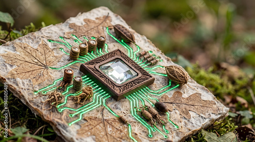 Futuristic organic computer processor with glowing green circuits on natural tree bark and central crystal, concept of green technology and sustainable eco-friendly computing.