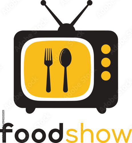 Food show logo with retro television fork and spoon icon minimal flat vector illustration for cooking channel and culinary media design