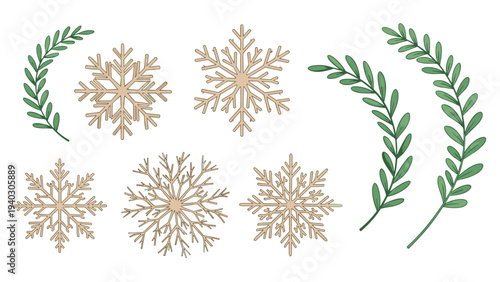 Decorative set of intricate beige snowflakes and green leafy branches for winter and holiday season theme design projects.