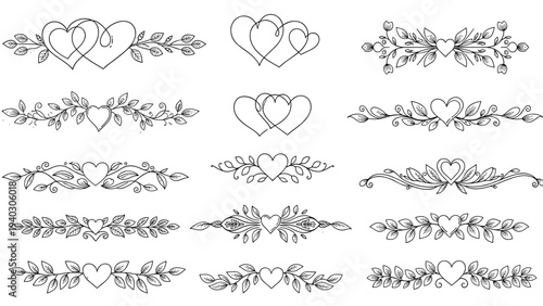 Large set of elegant black and white heart ornaments and floral dividers for wedding and romantic graphic design projects.