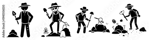 Gold miners working with tools and gold nuggets isolated on transparent background