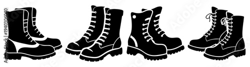 Set of four black leather combat boots with thick soles and laces isolated on transparent background