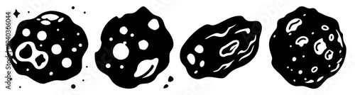 Four stylized virus or bacteria cells in black and white with dots and lines isolated on transparent background