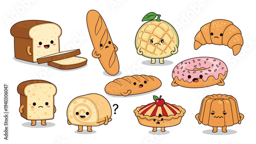 Variety of cute bakery items with funny facial expressions including bread loaves croissants donuts and pastries in a set.