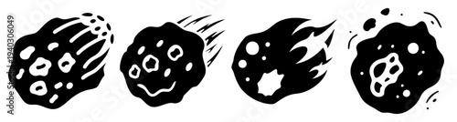 Set of four stylized virus or bacteria cells in black and white isolated on transparent background