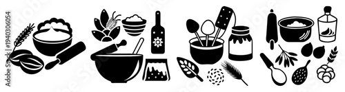 Set of kitchen utensils and cookware icons isolated on transparent background