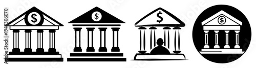 Three classic bank buildings with dollar signs and one with clock isolated on transparent background