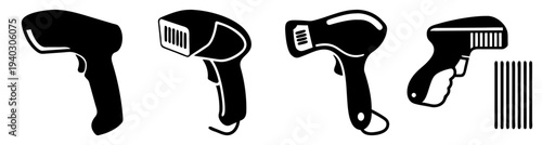 Set of four black power drills and tools vector icons isolated on transparent background