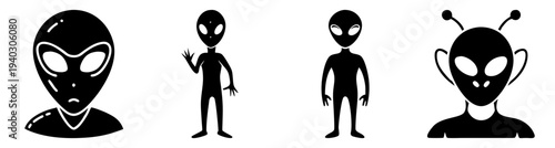 Three alien figures standing and walking isolated on transparent background high-quality png cutout