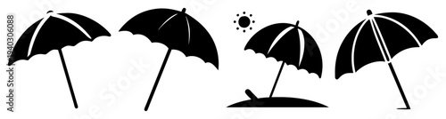 Four black and white umbrellas floating in rain isolated on transparent background