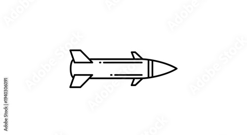 Streamlined line art missile icon, simple side view design, isolated white background.