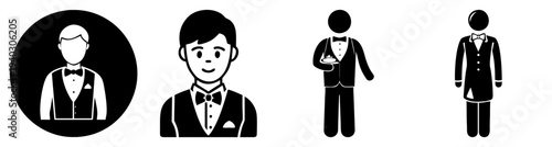 Four stylish men in tuxedos and suits vector illustrations isolated on transparent background
