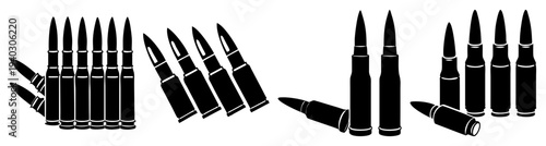 Set of six black and gold metallic bullets with sharp tips isolated on transparent background