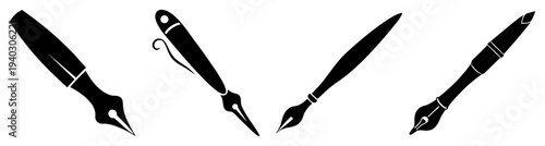 Three black and silver fountain pens writing in mid-air isolated on transparent background