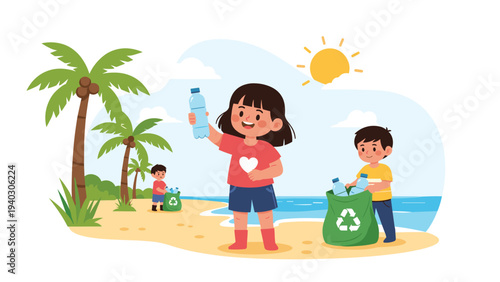 Group of diligent children working together to pick up plastic bottles and clean up waste on a beautiful tropical beach.
