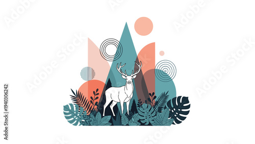 Artistic illustration of a majestic white deer standing in a stylized forest among geometric shapes and colorful foliage.