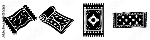 Black and white tribal rugs and decorative pillows with geometric patterns isolated on transparent background