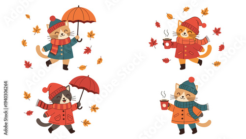 Set of adorable cartoon cats dressed in cozy winter clothes enjoying hot drinks and walking with umbrellas in autumn.