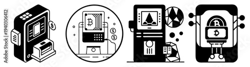 Vintage office equipment icons set with typewriter, telephone, camera, clock, and computer isolated on transparent background