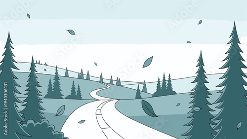 Peaceful scenic view of a long winding road disappearing into a misty forest with leaves falling during the autumn season.