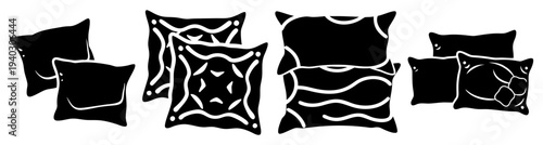 Set of five modern geometric patterned pillows isolated on transparent background