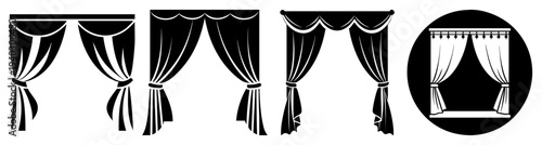 Elegant black theater curtains with gold trim tied back isolated on transparent background