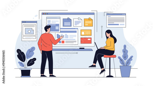Dynamic team of UI and UX designers working on a digital project with a large screen displaying various interface elements.