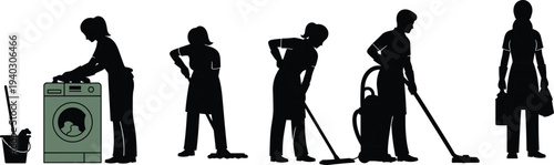 House cleaning worker silhouettes set, housekeeping service activities including washing mopping vacuuming and janitor work illustration