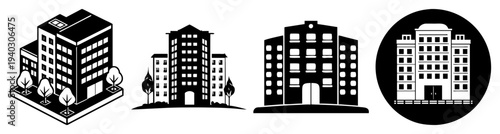 Modern apartment buildings and residential complex icons set isolated on transparent background