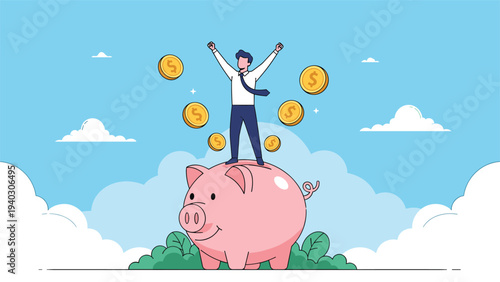 Cheerful businessman celebrating financial success while standing on a large piggy bank surrounded by flying gold coins.