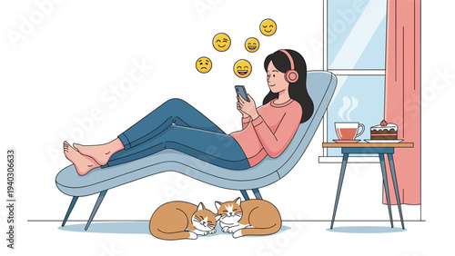 Relaxed young woman reclining on a lounge chair while checking her phone as two cats sleep peacefully on the floor.
