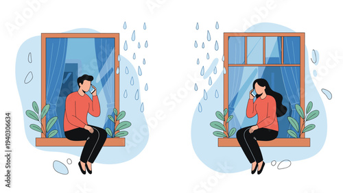 Young man and woman sitting on window sills while it rains outside, using their smartphones to communicate with each other.