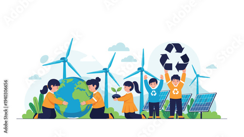 Group of environmentally conscious children taking care of the planet with wind turbines, solar panels, and recycling.