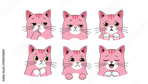 Set of six different facial expressions of a cute pink cat showing emotions like sad, happy, surprised, and thoughtful.