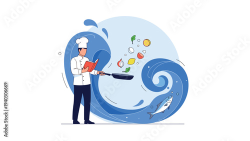 Creative illustration of a chef cooking with various ingredients while being surrounded by a large blue ocean wave.